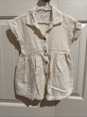 Little Planet Cream Button-Front Kids Gauze Shirt Dress